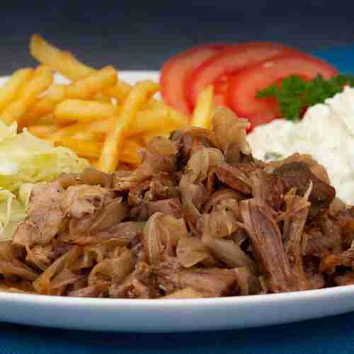 onion meat with fries and cabbage salad